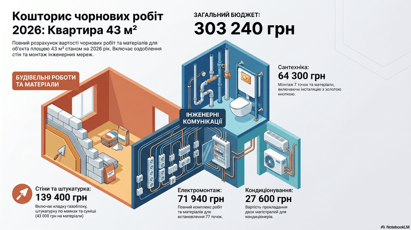 Анатомія чорнового ремонту: розбір витрат на прикладі квартири 43 м²